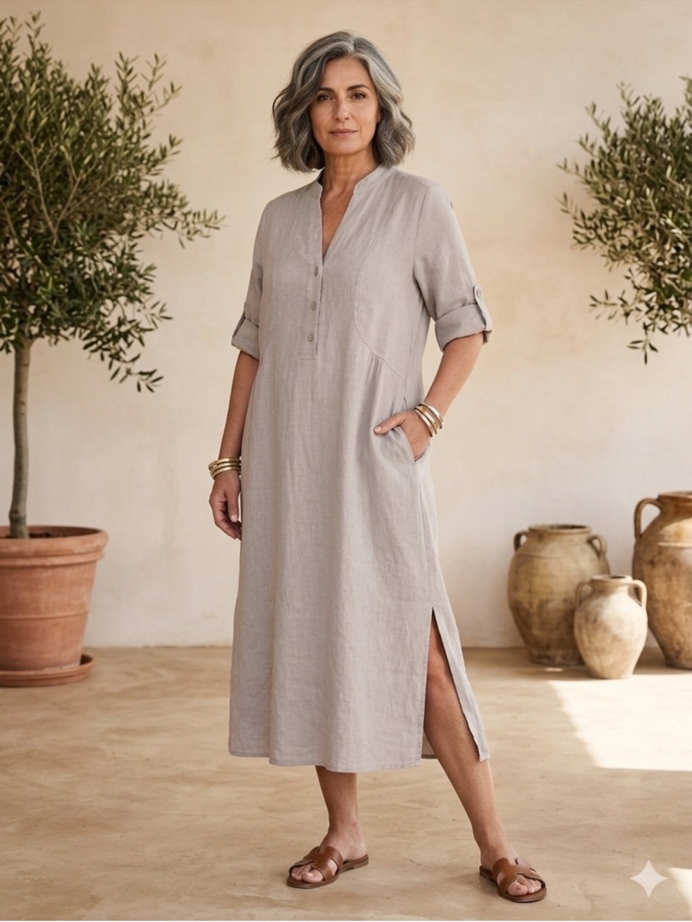 Relaxed Linen-Blend Midi Dress in Light Taupe